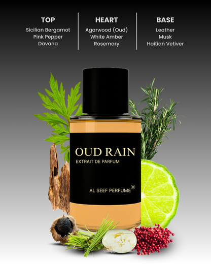 OUD RAIN Premium Unisex Perfume Spray (30ml, 50ml, 100ml) | Extrait De Parfum (40%) Concentration | Luxury Fragrance For Him and Her.