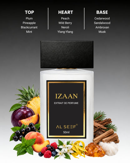 Izaan Premium Unisex Perfume Spray (50ml) | Extrait De Parfum (40%) Concentration | Fruity Floral Woody Musky | Luxury Fragrance For Him and Her by Al Seef Perfumes